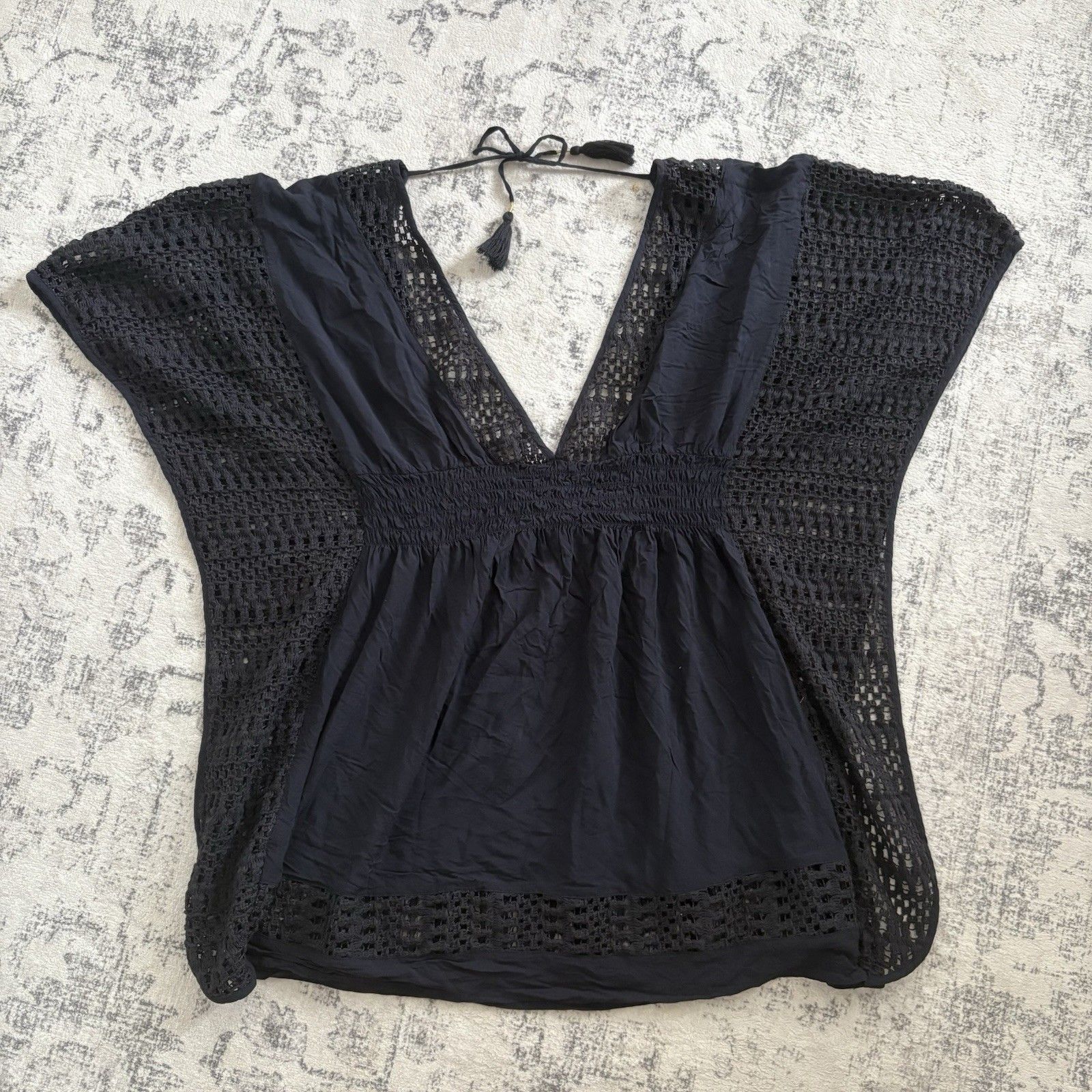 Abercrombie & Fitch Y2k Black Crochet Kaftan Top Size M/L Peasant Boho V-Neck